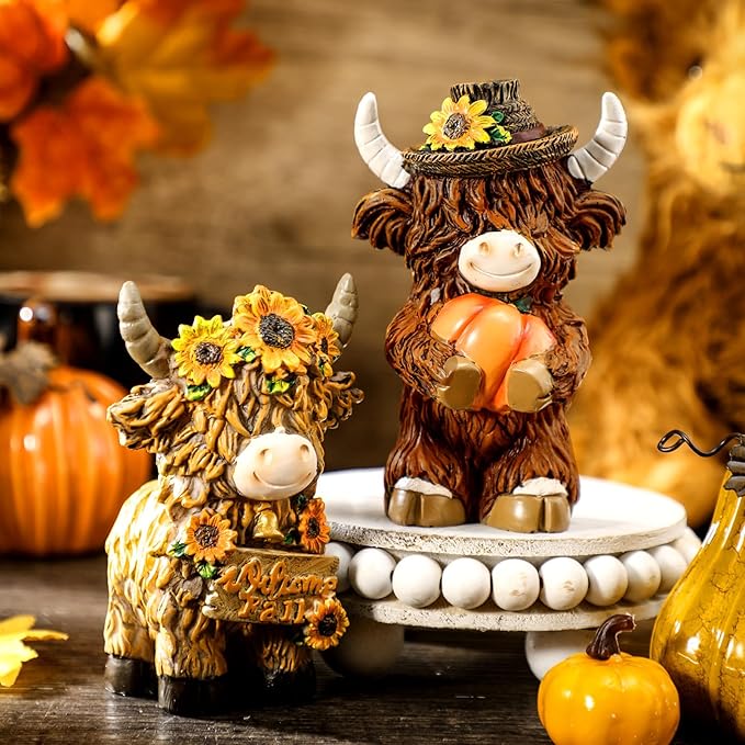 2 Pack Fall Thanksgiving Decor Highland Cow Resin Figurine Fall Pumpkin Flower Highland Cow Gnomes Scottish Resin Statue Calf Lovers Gifts for Autumn Home Garden Kitchen Office Tiered Tray Table Decor