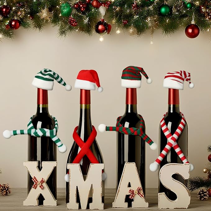Geyoga 16 Pcs Mini Knit Doll Hat Valentines Day Small Santa Hat for Craft Winter Mini Snowman Hats and Scarf Tree Ornaments Snow Stripe Heart Wine Bottle DIY Decor Gifts