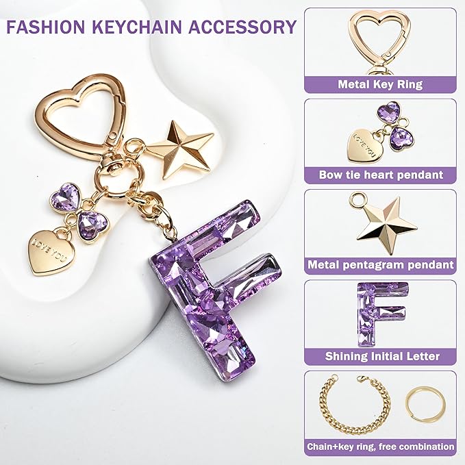 Cute Bling Keychain initial Letter Butterfly Star Pink Purple Gift for Women Girls Bag Cup Charms Accessories