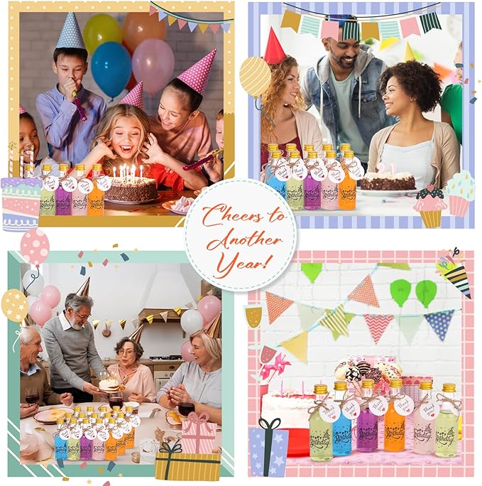 OurWarm 50 Pack Happy Birthday Mini Liquor Bottles, 1.7oz/50ml Empty Plastic Shot Bottles with Gold Screw Caps Funnels Tags & Twines for Juice Wine Alcohol Juicing Ginger Shots Birthday Party Favors