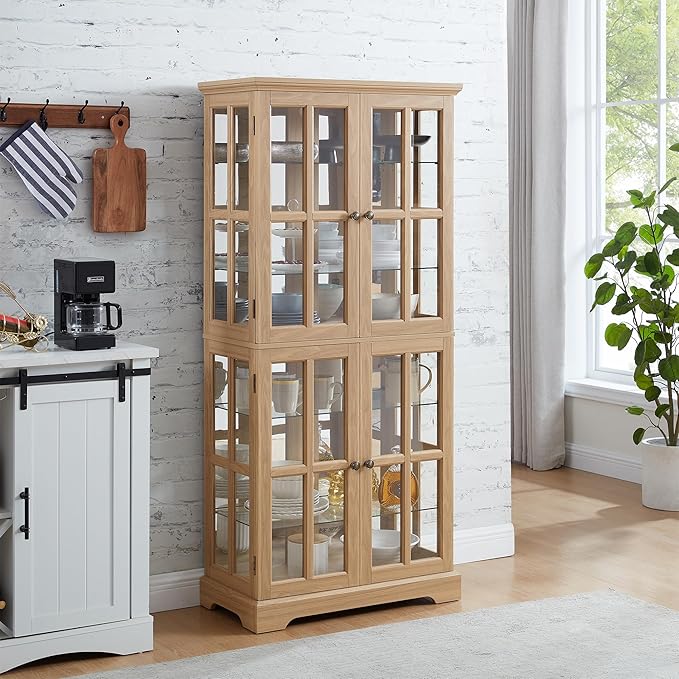 68" H Glass Curio Display Cabinet with Light, 6-Tier Wooden Storage Showcase w/ 4 Glass Doors & Adjustable Shelves, Vintage Accent Cabinet w/Mirrored Back Pane for Home & Office (Oak)