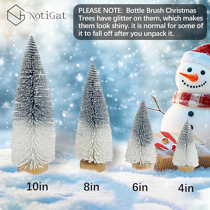Mini Christmas Tree Bottle Brush Christmas Trees Decor for Christmas Decorations Wooden Bases (Silver and White)