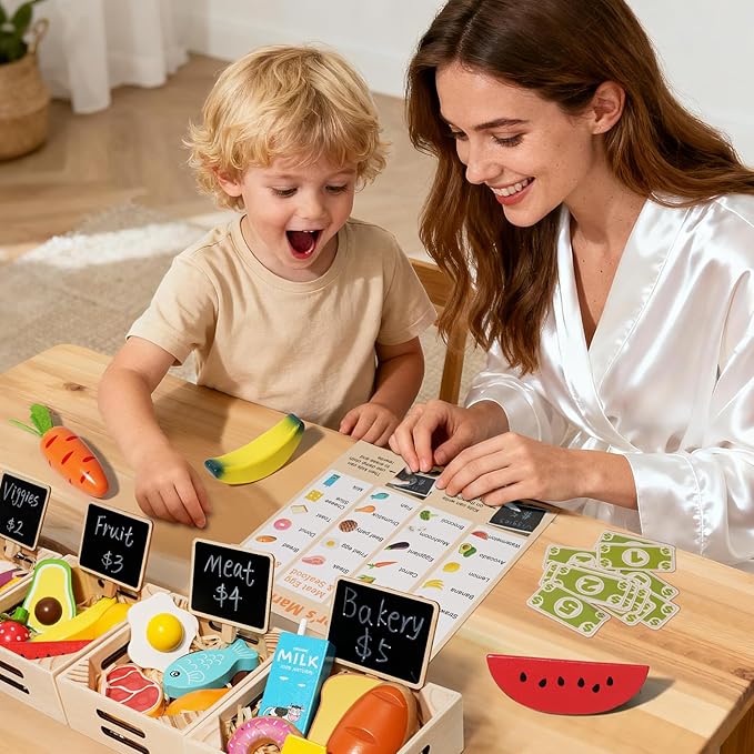 Food Groups - 20 Wooden Play Food Sets & 4 Crates & 4 Mini Blackboard & 15 Play Money, Pretend Toy Food Kitchen Accessories for Toddlers & Kids Ages 3+
