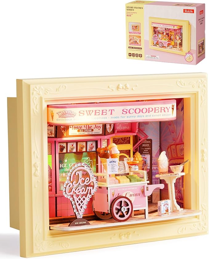 Rolife 3D Diorama Frame, Wall-Mounted Shadow Box & Dollhouse Display Case for & Christmas Decor, Quick-Build Unfinished Kit, Christmas Memorial Gift for Families (Sweet Scoopery Ice Cream)