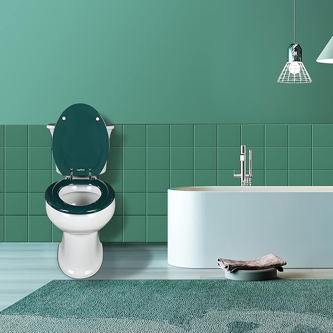 Dark Green Elongated Toilet Seat Natural Wood Toilet Seat with Zinc Alloy Hinges, Easy to Install also Easy to Clean, Scratch Resistant Toilet Seat by Angol Shiold (Elongated, Dark Green)