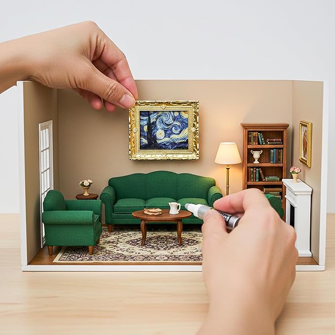 6PCS Mini Framed Art Dollhouse Wall Art Set – 1:12 Scale Miniature Framed Picture Painting, Vintage Golden Antique Gold Frames Oil Photo for Gallery Home Decor Accessory, Tiny Van Gogh Monet Artwork