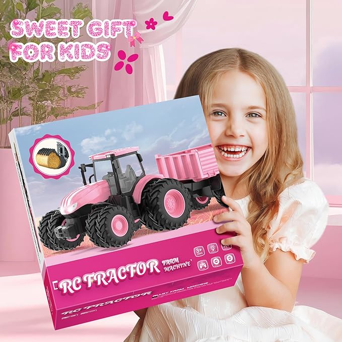 Remote Control Tractor Toy [2026] Kids RC Tractor Set & Truck and Trailer Front Loader - Metal Car Head/8 Wheel/Light, Toddlers Farm Vehicle Toys for 3 4 5 6 7 8 9 Year Old Girls Birthday Gift, Pink