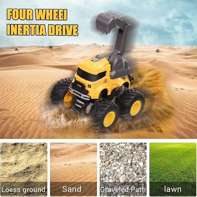 Construction Truck Toys, Push and Go Toy Trucks for Toddlers Kids Age 3-8, 4 Pack Friction Powered Car Toys Include Crane Mixer Excavator Dump Truck Best Christmas Birthday Gift for Boys Girls