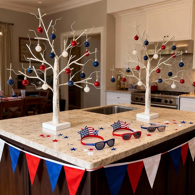 HipTree 2-Pack Lighted Valentines Day Easter Spring Christmas Tree Decorations Indoor, 2ft Birch Tree with LED Lights, Small Tabletop Patriotic Tree with Lights, Warm White Battery- Powered