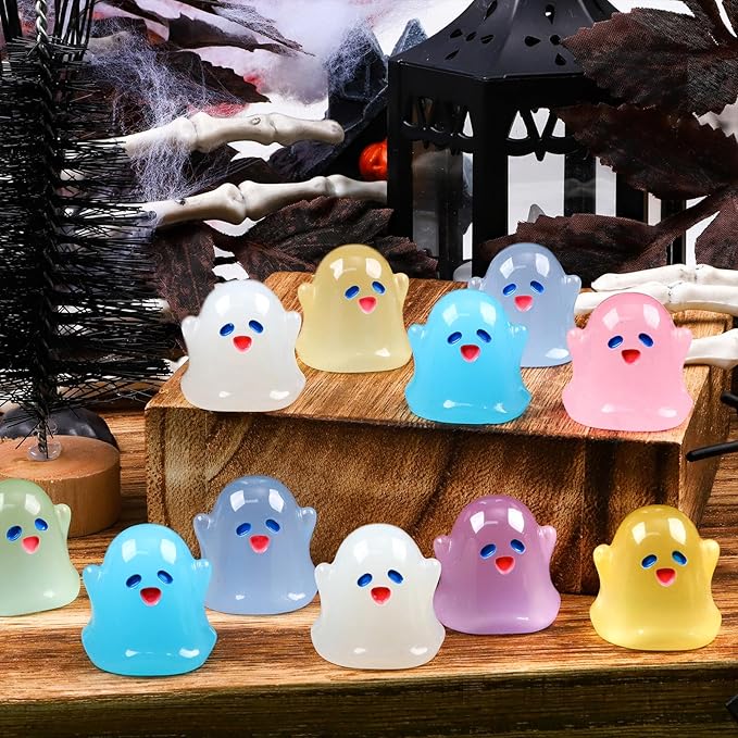 60pcs Halloween Luminous Mini Ghosts Figures 8 Colours Glow in The Dark Miniature Resin Ghost Figurines to Hide Bulk Tiny Small Statue for Halloween Party Favors Micro Garden Dollhouse Decorations