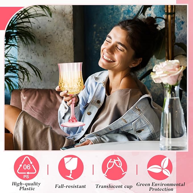 Pinkunn 6 Pcs 7 oz Plastic Vintage Wine Glasses Reusable Colored Goblets Patterned Drinking Water Glasses Cup Dishwasher Safe for Valentine's Day Wedding Reception Party Supplies (Pink)