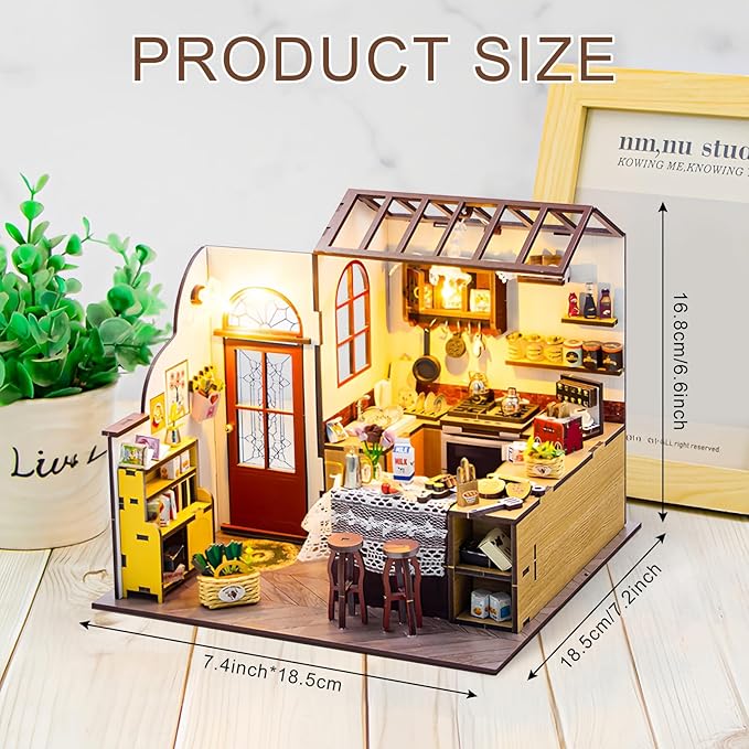 DIY Miniature House Kit, Dollhouse Kit with LED Light, Mini House Building Kits for for Adult to Building, Christmas Home Decorations Gifts for Family and Friends, Kitchen