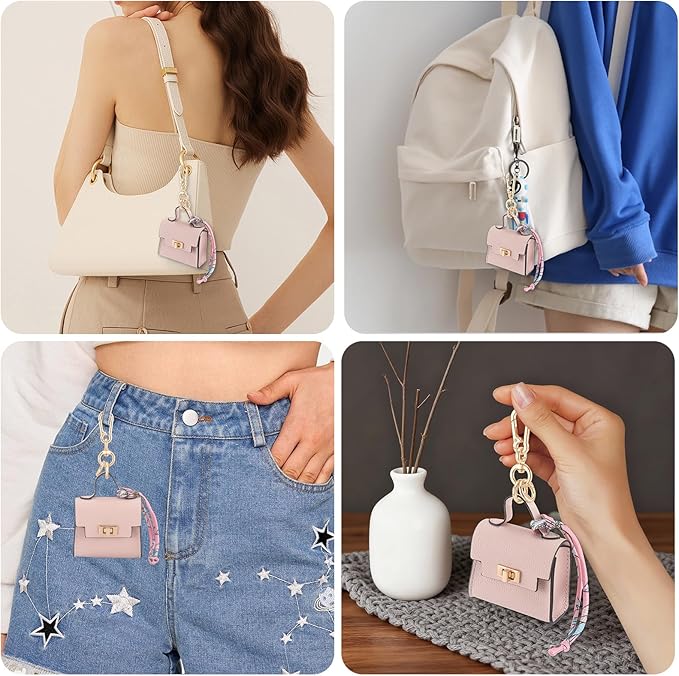 FENHIN Mini Backpack Keychain, Leather Small Coin Purse for Women, Cute Hand Bag Charms with Key Holder & Twist-lock (Pink)