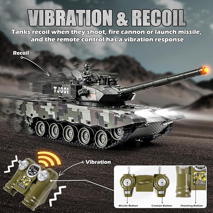 1/24 RC Battle Tank Set, Remote Control Chinese Type 99 and Russian T90 Army Toy That Shoots for Kids and Adults, 2.4G RC Vehicle Model Tank 6+ Year Old with Sound, Smoke and Lights