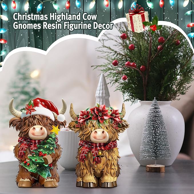 Burbell 2 Pack Christmas Highland Cow Decor Resin Highland Cow Figurine Christmas Cows Gnomes with Santa's Hat Scarf Resin Statue for Garden Table Shelf Home Decor Calf Gnome Herd Gifts