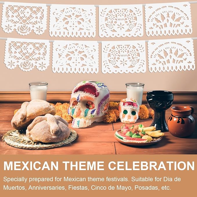 5 Pack White Papel Picado Banner, 90Ft White Mexican Banner for Parties Weddings, Papel Picado Dia De Los Muertos, Cinco De Mayo Decor, Day of The Dead Decorations, Fiesta Party Decoration Supplies