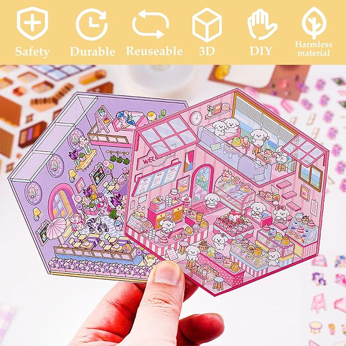 DIY 3D House Sticker, Stocking Stuffer, 6 Sets of Sticker Make Your Own Mini Shop Scenes Stickers for Kids Kawaii Cartoon Scene Stickers for Adult Relief Stress, Holiday & Christmas Fun