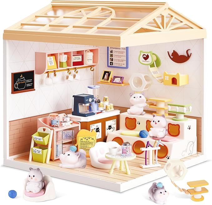 DIY Miniature House Kit with LED Lights, Whimsical Cat Cafe Miniature Kit with Roof & Dust Covers for Teens, DIY Coffee Shop with Cats & Furniture, Creative Christmas Decoration Gift Idea