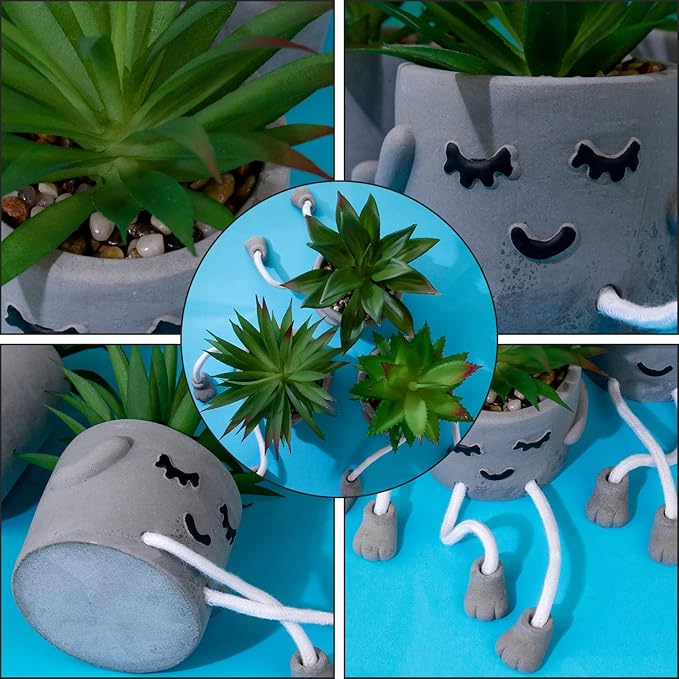 LUZOGA Creative Artificial Succulent Plants with Gray Pots Mini Potted Succulents Cute Fake Plants Succulents with Hanging Leg & Emotional Cement for Home Office Desk Decor and Gift Choice