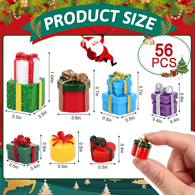 56 Pcs Mini Resin Presents,Christmas Figurines Miniature Boxes Tiny Gift Box Figurines Mini Christmas Ornaments for Xmas DIY Craft Tree Village Dollhouse Decor