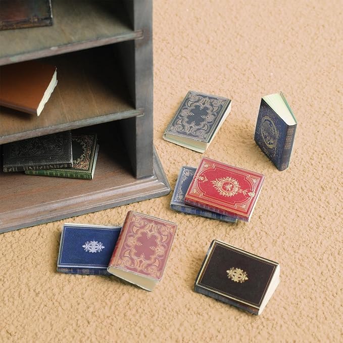 Poen 27 Pcs 1: 12 Scale Miniatures Dollhouse Books and a Wooden Bookcase 4 Floors Dollhouse Bookshelf Decoration Accessories for House Bedroom, Vintage Color