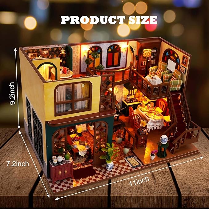 DIY Miniature House Kit, Dollhouse Kit with Light and Dust Cover, Mini House Building Kits for for Adult to Building, Christmas Home Decorations Gifts for Family and Friends, Retro Loft