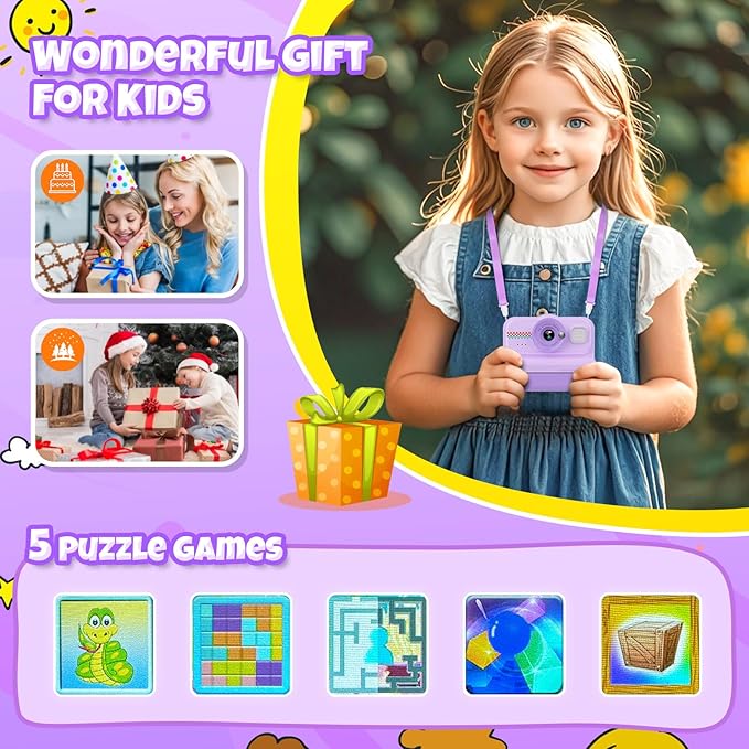 Kids Camera Instant Print, 1080P HD Instant Print Camera for Kids with 3 Rolls Print Paper & 32GB Card, Selfie Digital Camera for Kid, Ideal Kid Toys Gifts for Boys & Girls Age 3-14 (Purple)