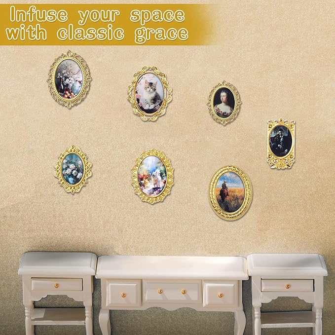 Halloscume 7 Pcs Miniature Dollhouse Accessories Picture Frames 1: 12 Scale Dollhouse Furniture Small Wood Photo Frames Mini House Decoration for Printed Paintings House DIY Art Craft (Gold)