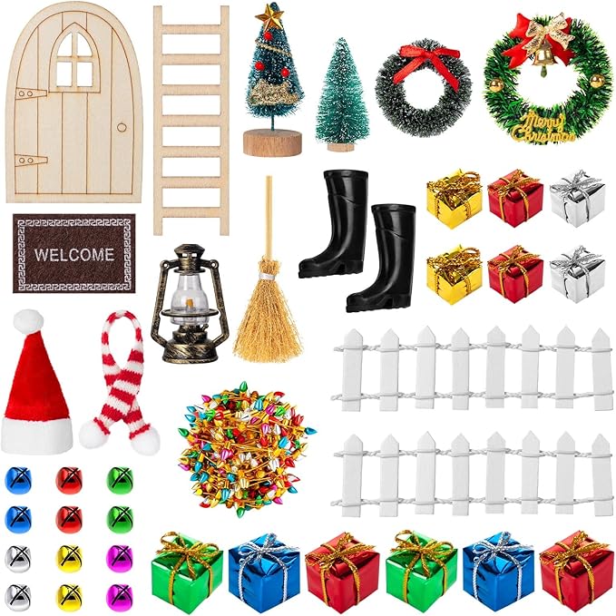 38Pcs Doll House Christmas Decoration, Miniature Christmas Dollhouse Accessories Fake Light Door Mini Xmas Tree 1:12 Miniature Scene Model Pretend Toys DIY Festival Holiday Party Favors