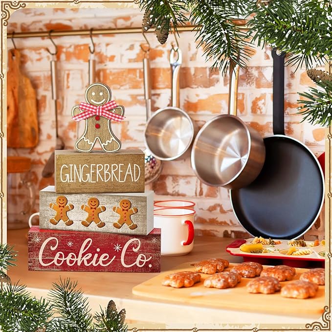 Moucuny 4 Pcs Christmas Table Decor Gingerbread Man Decoration Christmas Centerpiece Winter Tiered Tray Decor Rustic Gingerbread Block Signs Gift Winter Table Decoration for Xmas Party Kitchen Home