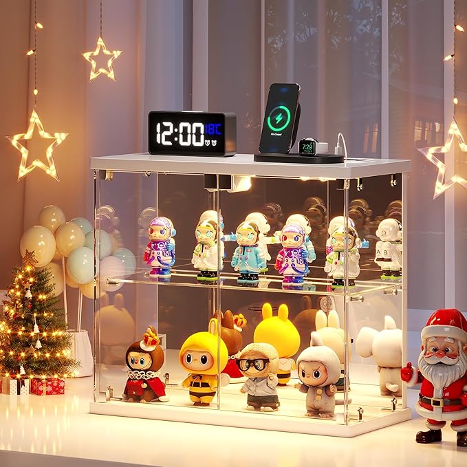 2pcs LED Clear Glass Display Case - for Figures & Collectibles, Small 2-Tier Display Cabinet with Charging Station, Display Box with Lights & Human Sensor, for Model Car, Perfume, White