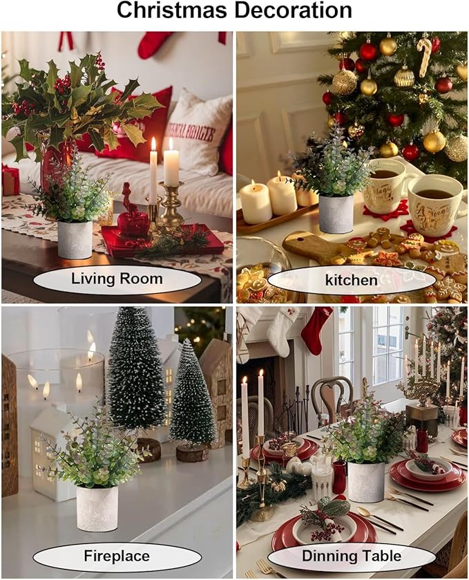 Coferset 2 Pack Small Fake Plants Christmas Greenery Eucalyptus Potted Artificial Plants for Shelf Desk Home Bathroom Farmhouse Room Coffee Table Decor Christmas Decor(Purple)