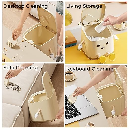 AIWE7D Desktop Mini Trash Can with Lid and Brush, Small Desktop Trash Can for Desk, Bathroom, Bedroom, Kitchen, Car, Office Square Waste Basket Small Garbage Can Hidden Bag Garbage Bin(Sitting)