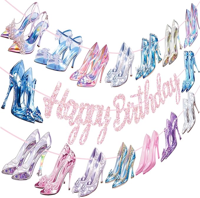 High Heel Happy Birthday Banners 3PCS Crystal High Heels Party Decorations Glass Shoes Banners Girls Princess Birthday Decor for Lady Bridal Shower Wedding Party Supplies