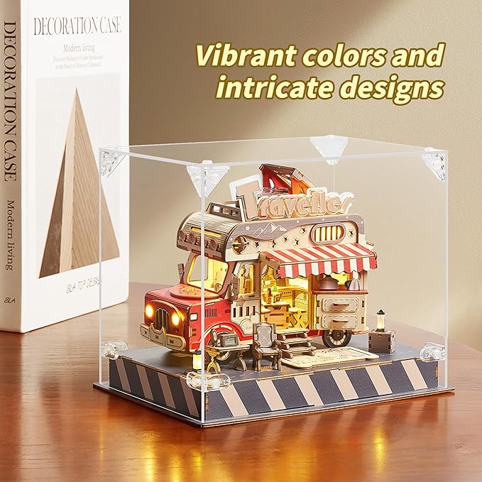 3D Puzzle Travel Truck Puzzle Model -DIY Miniature Kit Dollhouse Food Truck Wooden Model with LED Lights - Unique Gift for Adults and Kids (Travel Truck)