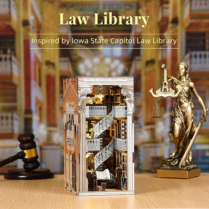 Book Nook Kit Library, DIY Miniature House Kit, 3D Wooden Puzzle Dollhouse Kit for Adults and Teens, Bookshelf Booknook with LED Light (Law Library)