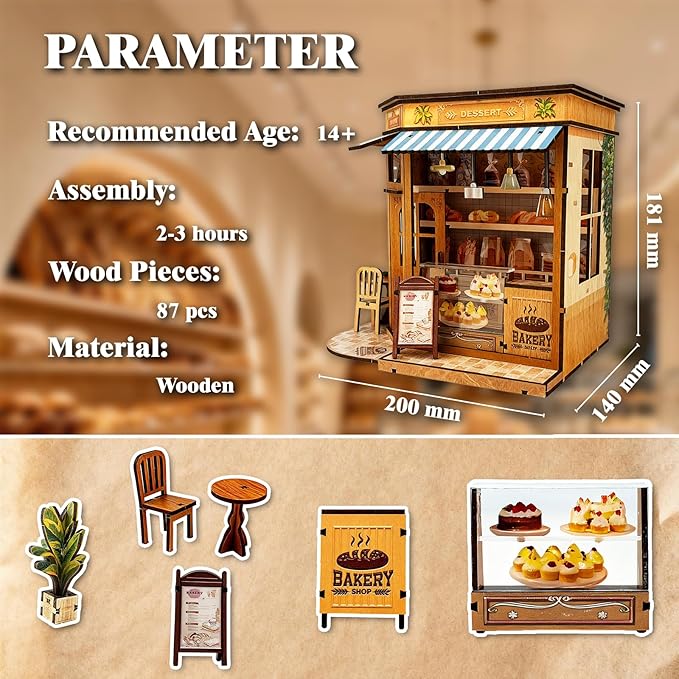 DIY Miniature House - LED Lighting Book Nook Kit Dollhouse Kit for Adults and Teens, Book Nook Tiny House Bookshelf 3D Wooden Puzzle, Gifts for Family Friends (Bakery)