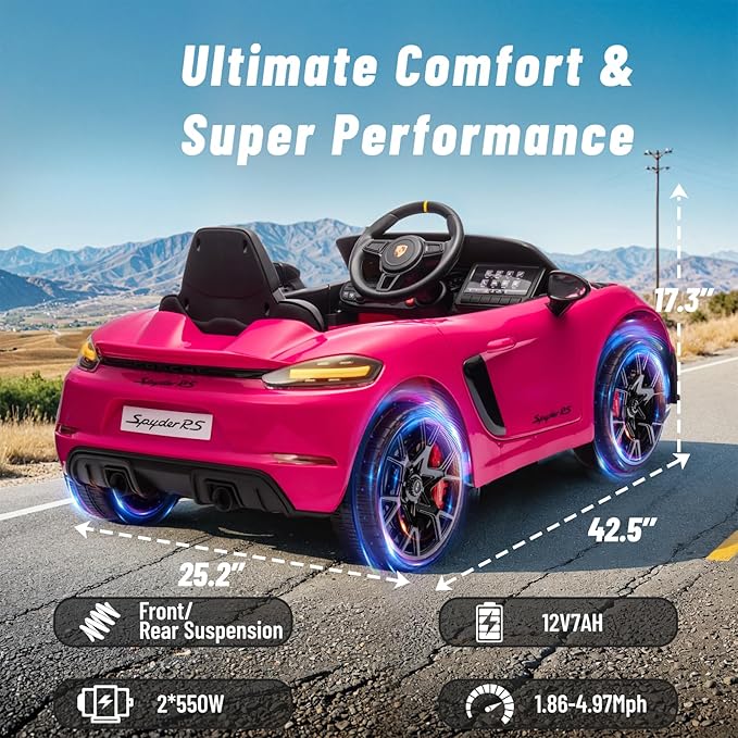 12V Ride on Car Licensed Porsche 718, Kids Electric Car with Remote Control, Front/Rear LED Light, Radio, USB/AUX, Openable Doors, Suspension Function, Durable Tires (Pink)