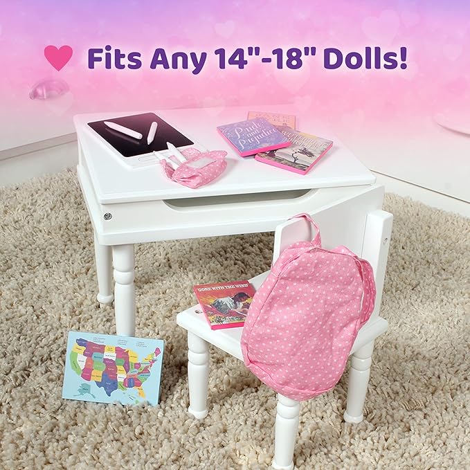 Playtime by Eimmie 18 Inch Doll Furniture School Desk & Classroom Set – White, Wooden Playset with Educational Accessories, Fits American, Generation, My Life & Similar 14”-18” Dolls