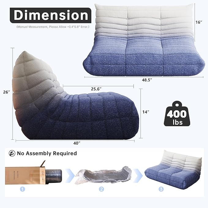 Bean Bag Chairs for Adults, Memory Foam Couch Loveseat Sofa Chair, Soft Teddy Material Cozy Comfy Reading Nook Chairs, Floor Chair for Living Room Bedroom Office(Blue-White)
