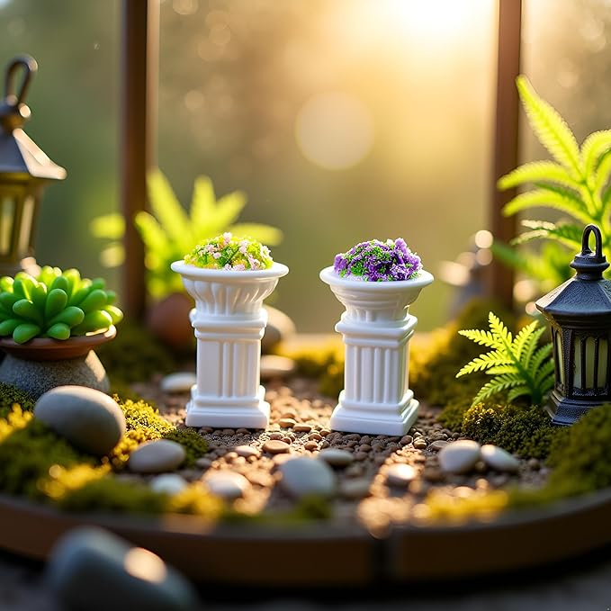 Miniature Dollhouse Plant Flowers, Mini Potted Plant Artificial Tiny Flowers Plants,Tiny Fake Greenery Bonsai Ornament Crafts for Doll House Accessories (Roman Style)