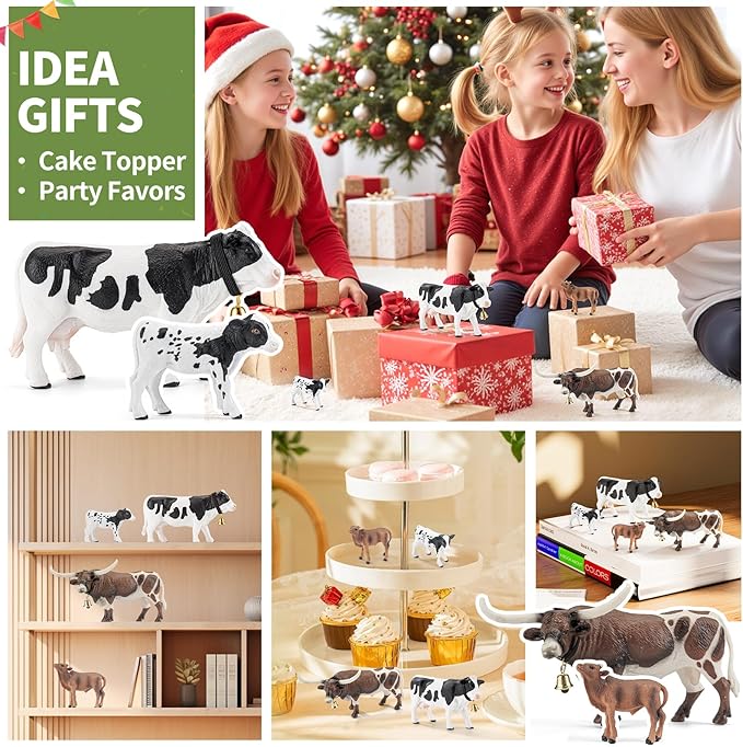 4PCS Cows Bulls Longhorn Farm Animal Figurines Toys for Kids, Plastic Cow Farm Animals Figures for Boys Girls Include White Holstein & Texas Longhorn and 2 Calfs, Cake Toppers Party Favors