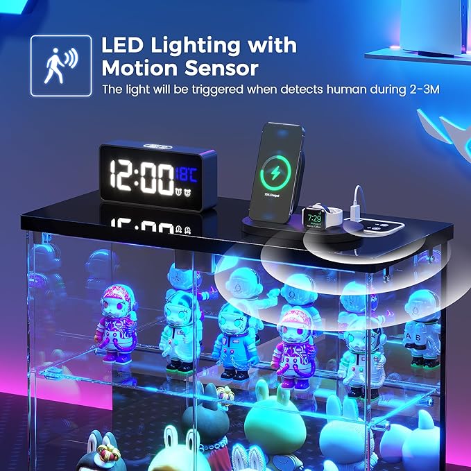 2pcs LED Clear Glass Display Case - for Figures & Collectibles, Small 2-Tier Display Cabinet with Charging Station, Display Box with Lights & Human Sensor, for Model Car, Perfume, Black