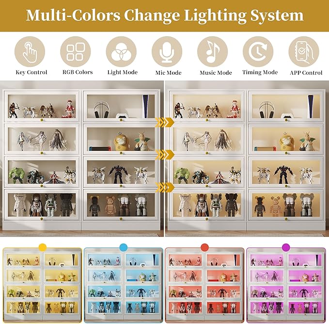 Display Cabinet with Acrylic Glass Doors,4-Tiers Curio Cabinet with LED Lighting for Collectibles, Collectibles Toy Organizers Rack & Display Shelf Display Case Storage Cabinet, Antique White