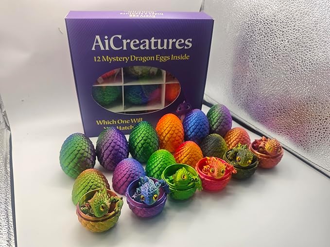 12 Pack 3D Printed Dragon Eggs & Crystal Dragons – Articulated Fidget Toy Gift Set with Display Tray, Assorted Colors for Kids, Collectors, Party Favors & Stocking Stuffers