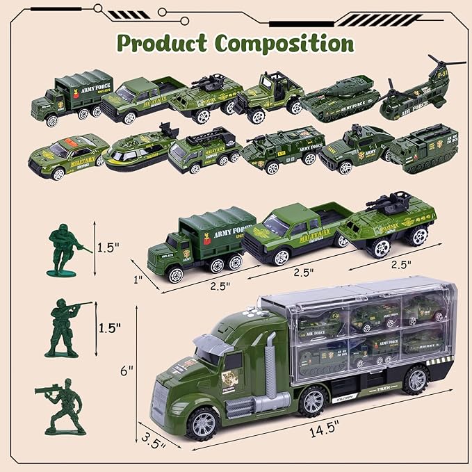 LovesTown 25 in 1 Green Military Big Truck Toys, Army Men Carrier Truck with Tanks & Soldier Men, Battle Vehicles with Lights and Sounds, Birthday Gifts for Boys