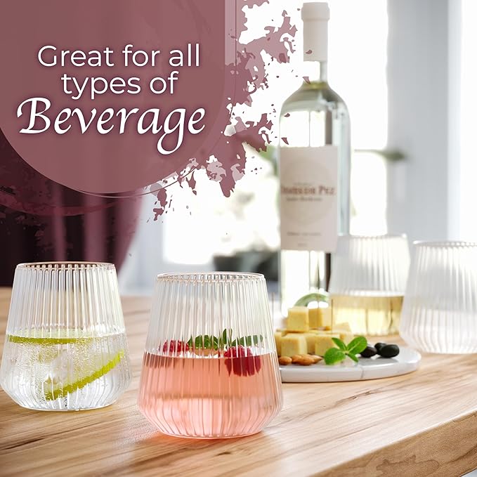 Exquisite 24 Pcs Unbreakable Stemless Plastic Wine Glasses Disposable Wine Glasses Stemless 12 Oz Ribbed Plastic Cups Reusable Clear Party Cups Disposable Cocktail Glass For Weddings & Events