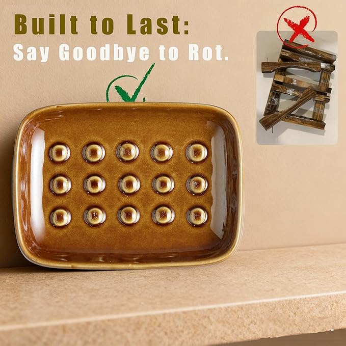 Soap Dish for Shower, Ceramic Soap Dish for Bar Soap Sponge, Soap Holder Saver Tray for Bath Kitchen Sink Bathtub, Farmhouse Decor, Raised Pattern - Keep Soap Dry, Dark Brown