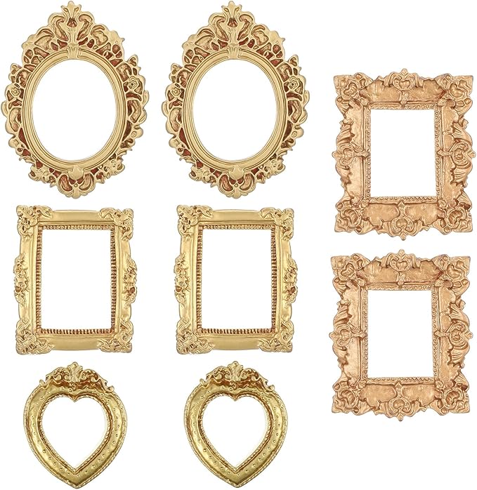 8 Pcs Miniature Dollhouse Mirror Set with Carved Golden Edges, European Style Victorian Baroque Wall Decor for 1/12 Scale Dollhouse Display, Mini Furniture Accessory Gold