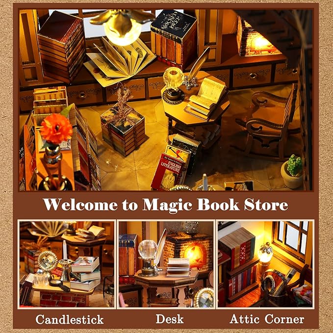 Quanquer Miniature House Kit: Magic Book Store Book Nook with Furniture and LED Light - DIY Kits for Adults - Wooden Doll House - Great Handmade Craft Model - Tiny House Decor Ideal Gifts